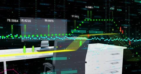 Financial data processing against 3d office desk model against black background イラスト素材