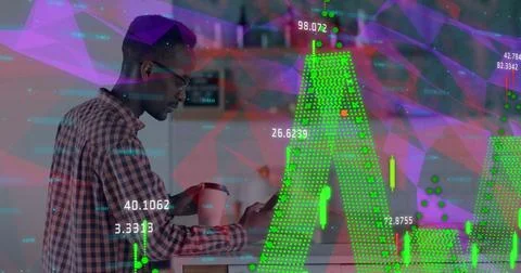 Financial data processing against african american man drinking coffee and using 스톡 사진
