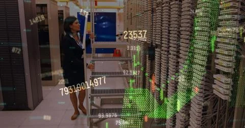 Financial data processing against caucasian female engineer working in server Stock Photos
