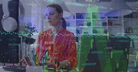 Financial data processing against caucasian woman using computer at office 스톡 사진