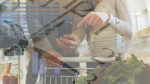 Financial data processing against couple using smartphone while shopping in 스톡 동영상 135458176