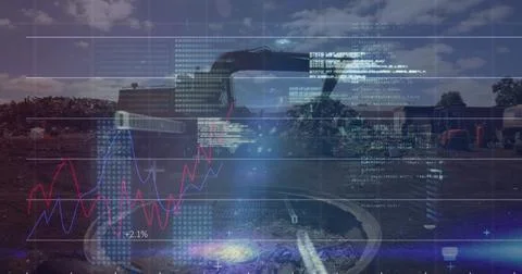 Financial data processing against crane grabber in urban industrial site Stock Photos