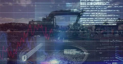 Financial data processing against crane grabber in urban industrial site Stock Photos