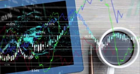 Financial data processing against digital tablet and coffee cup on wooden Stockbeeldmateriaal 150049870