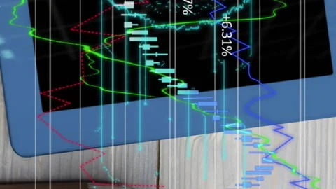 Financial data processing against digital tablet and coffee cup on wooden Stock Footage 312436376