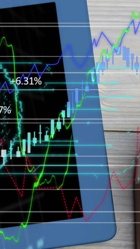 Financial data processing against digital tablet and coffee cup on wooden Stock Footage 331630599