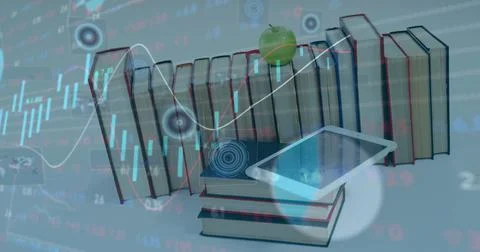 Financial data processing against digital tablet on stack of books on white Foto stock