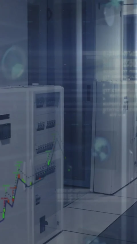 Financial data processing against empty computer server room Stock Footage 322880047