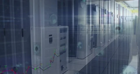 Financial data processing against empty computer server room Stock Footage 329923619
