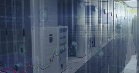 Financial data processing against empty computer server room Stockfoto's