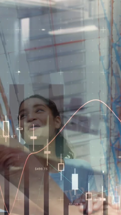 Financial data processing against group of diverse volunteers making a hand Stock Footage 342650491