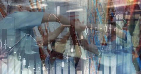 Financial data processing against group of diverse volunteers making a hand Stock Illustration