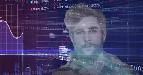 Financial data processing against man Illustrazione stock