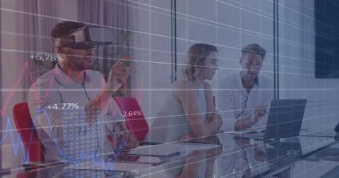 Financial data processing against man wearing vr headset at office Foto stock