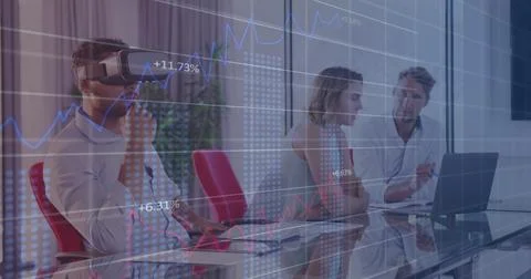 Financial data processing against man wearing vr headset at office Stock Photos