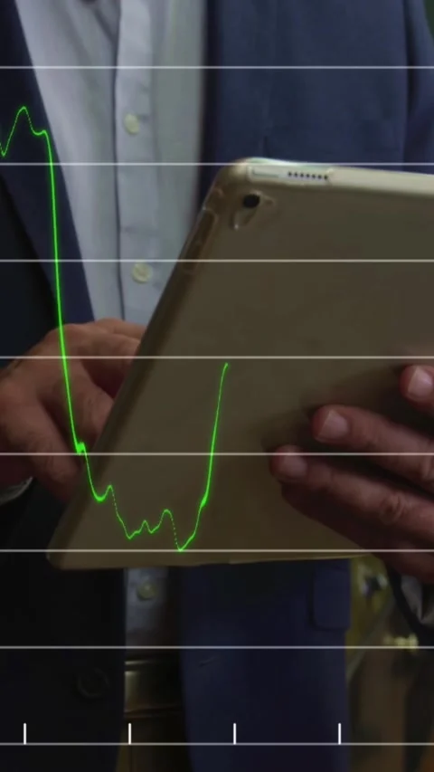 Financial data processing against mid section of manager using digital tablet in Stock Footage 343128181