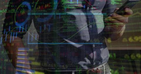 Financial data processing against mid section of a man using smartphone Stock Photos