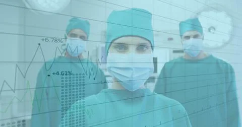 Financial data processing against portrait of team of surgeons wearing face 스톡 일러스트