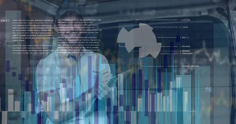 Financial data processing against portrait of delivery man writing on clipboard Stock Photos