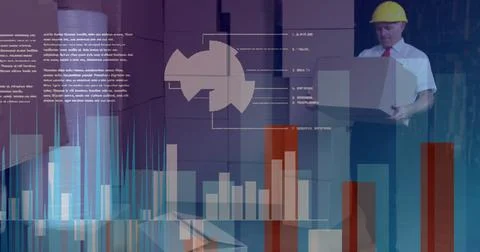 Financial data processing against senior male worker carrying boxes having a Stock Photos