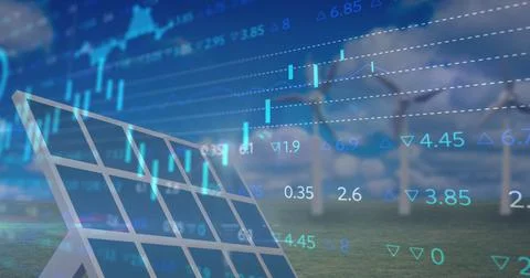 Financial data processing against solar panel and windmill in background Foto stock