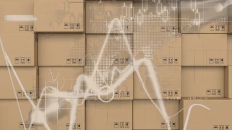 Financial data processing against stack of delivery boxes in background Stock Footage 157639880