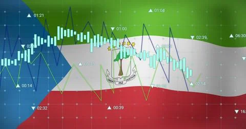 Financial data processing against waving flag of equatorial guinea in background Stock Photos