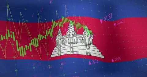 Financial data processing against waving flag of cambodia in background Stock Photos