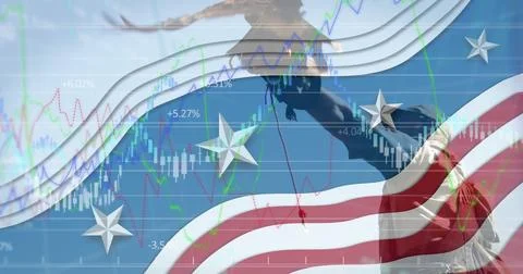 Financial data processing and american flag design pattern against eagle sitting Foto stock