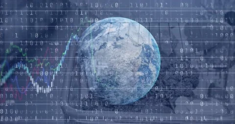 Financial data processing and binary coding over a globe against shopping cart Stock Footage 199308641