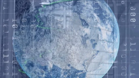 Financial data processing and binary coding over a globe against shopping cart Stock Footage 314610477