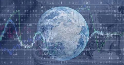 Financial data processing and binary coding over a globe against shopping cart Stock Photos