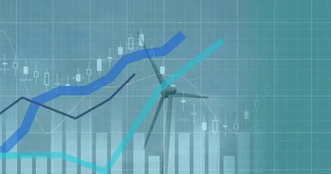Financial data processing and blue graphs moving over multiple windmill spinning Stock Illustration