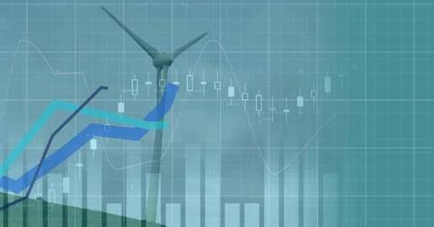 Financial data processing and blue graphs moving over multiple windmill spinning 스톡 일러스트