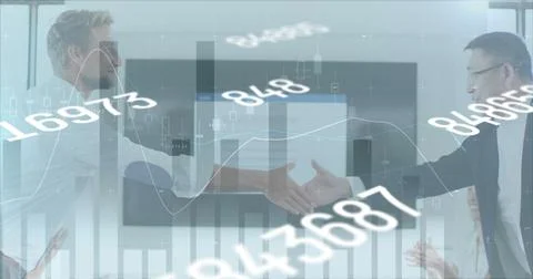 Financial data processing and changing numbers against two business man shaking Stock Photos