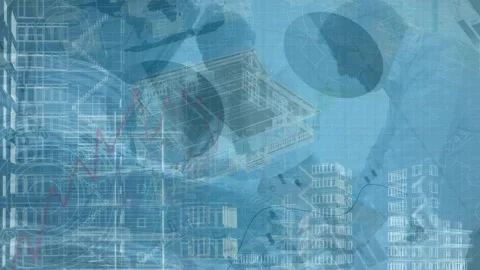 Financial data processing and multiple house 3d models against businesspeople Stock Footage 316461932