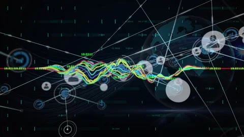 Financial data processing and network of digital icons over spinning globe Stock Footage 330115109