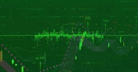 Financial data processing and network of connections against green background Stock Illustration