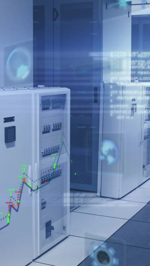 Financial data processing and round scanners against empty computer server room Stock Footage 342004125