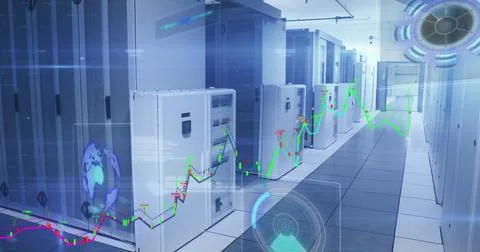 Financial data processing and round scanners against empty computer server room Stockfoto's