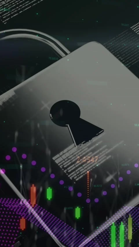 Financial data processing and security padlock icon against screens with network Stock Footage 342996365