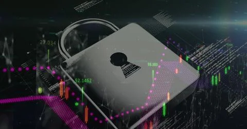 Financial data processing and security padlock icon against screens with network Illustrazione stock