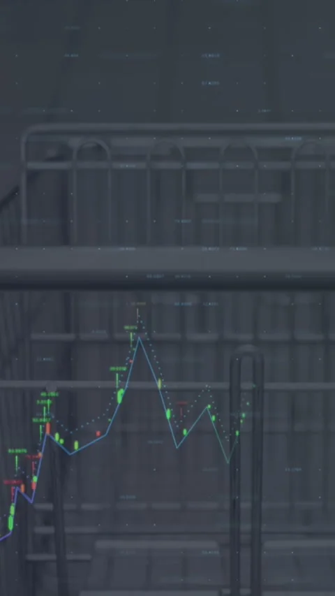 Financial data processing and world map against empty shopping cart in grocery Stock Footage 344765639