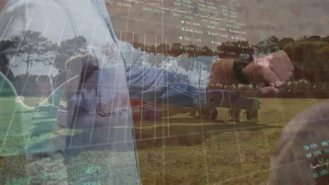 Financial data processing animation over people exercising outdoors on grass Stock Footage 305488394