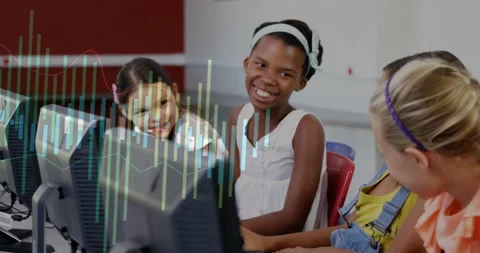 Financial data processing animation over children using computers in classroom Stock Footage 306274457
