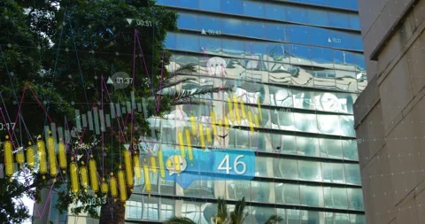 Financial data processing animation over modern glass building with tree Stock Footage 306285283