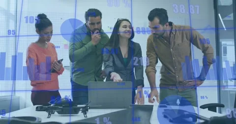 Financial data processing animation over diverse business team discussing in Stock Footage 325837161