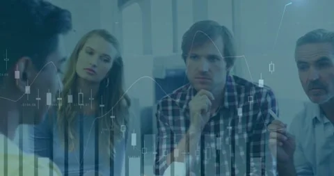 Financial data processing animation over diverse business people in office Stock Footage 327962125