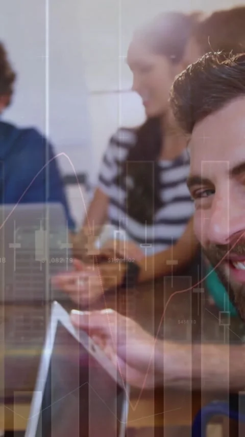 Financial data processing animation over diverse business team in meeting Stock Footage 341956941