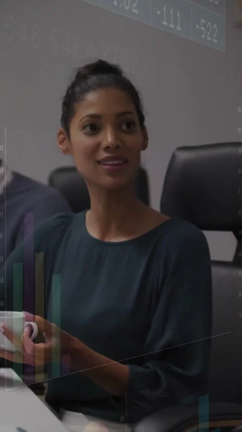 Financial data processing animation over business people in office meeting Stock Footage 342812968